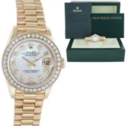 PEARL DIAMOND LADIES ROLEX DATEJUST PRESIDENT 26MM 69178 YELLOW GOLD WATCH BOX