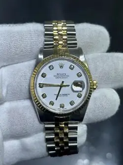 ROLEX 36MM 18K GOLD FLUTED BEZEL FACTORY DIAMOND DIAL JUBILEE BRACELET WATCH