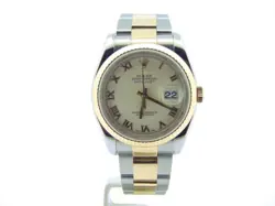 Mens Rolex Datejust 18K Yellow Gold & Steel Oyster Band Ivory Roman Dial 116233