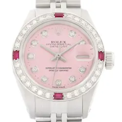 ROLEX LADIES DATEJUST 18K GOLD & SS DIAMOND RUBY PINK DIAL WATCH W/ JUBILEE BAND