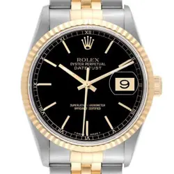 ROLEX DATEJUST 36 STEEL YELLOW GOLD BLACK DIAL MENS WATCH 16233 BOX PAPERS