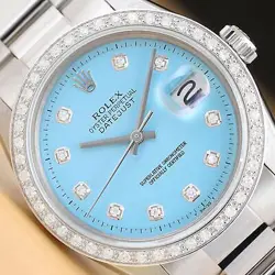 ROLEX MENS DATEJUST AQUA BLUE DIAL 18K GOLD STEEL DIAMOND WATCH W/ OYSTER BAND