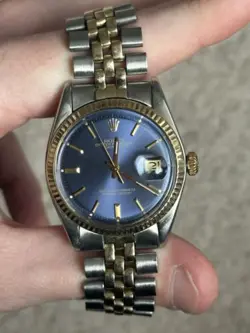 VINTAGE ROLEX OYSTER PERPETUAL DATEJUST 36MM BLUE DIAL 14K & STEEL WATCH