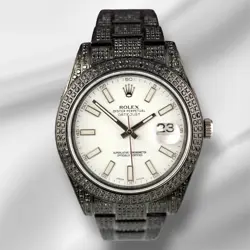 ROLEX DATEJUST 41MM BLACK ICEDOUT 10CT DIAMOND WHITE DIAL WATCH 116300