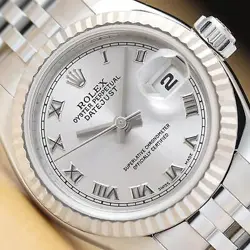 2005 ROLEX LADIES DATEJUST 179174 SILVER ROMAN DIAL 18K WHITE GOLD STEEL WATCH