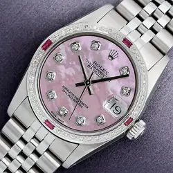 ROLEX MID-SIZE DATEJUST WATCH STEEL - 18K GOLD PINK MOP DIAMOND RUBY BEZEL WATCH