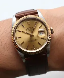 ROLEX DATEJUST 36MM STEEL 18K GOLD CHAMPAGNE DIAL AUTOMATIC MENS WATCH 16233