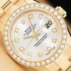 ROLEX LADIES DATEJUST SILVER DIAMOND 18K YELLOW GOLD WATCH W/ OYSTER BAND