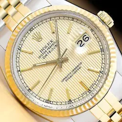 ROLEX MENS DATEJUST 16013 CHAMPAGNE TAPESTRY DIAL 18K YELLOW GOLD STEEL WATCH