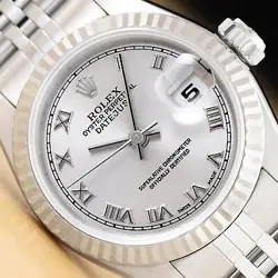 ROLEX LADIES DATEJUST 79174 SILVER ROMAN DIAL 18K WHITE GOLD STEEL WATCH