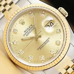 ROLEX MENS DATEJUST 16233 FACTORY DIAMOND DIAL 18K GOLD STEEL CHAMPAGNE WATCH