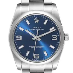 ROLEX OYSTER PERPETUAL BLUE DIAL SMOOTH BEZEL STEEL MENS WATCH 114200
