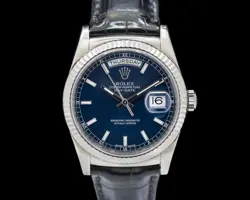 ROLEX DAY DATE 18K WHITE GOLD BLUE STICK DIAL WITH BOX AND PAPERS