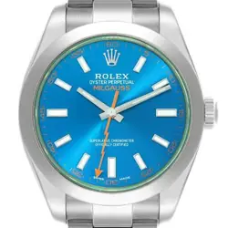 ROLEX MILGAUSS BLUE DIAL GREEN CRYSTAL STEEL MENS WATCH 116400GV