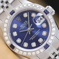 ROLEX LADIES DATEJUST 69174 BLUE DIAL 18K WHITE GOLD SS DIAMOND SAPPHIRE WATCH