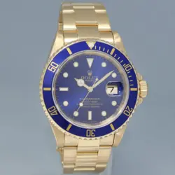 MINT ROLEX 16618 SUBMARINER YELLOW GOLD BLUE SUNBURST 40MM WATCH BOX