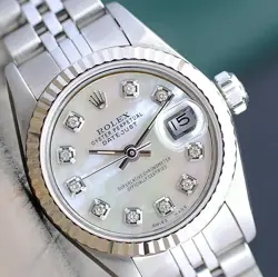 ROLEX LADY DATEJUST STEEL WATCH WHITE MOTHER OF PEARL DIAMOND DIAL JUBILEE 26MM