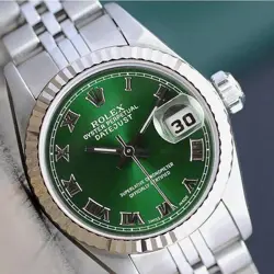 ROLEX LADY DATEJUST STEEL WATCH GREEN ROMAN NUMERAL DIAL JUBILEE BAND 26MM
