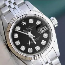 ROLEX LADY DATEJUST STEEL WATCH BLACK DIAMOND DIAL FLUTED JUBILEE BAND 26MM