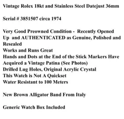 Rolex Datejust 1601 18kt Gold Bezel And Stainless Steel Circa 1974