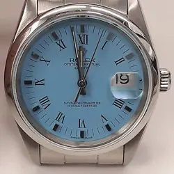 ROLEX DATE 34MM STEEL BLUE TURQUOISE DIAL STEEL OYSTER WATCH 15200 N SERIES 1991