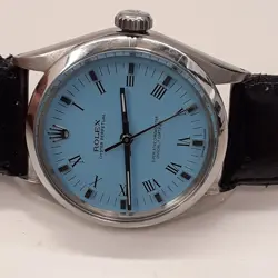 ROLEX OYSTER PERPETUAL 34 MM BLUE TURQUOISE DIAL STEEL WATCH 5500 CIRCA 1972