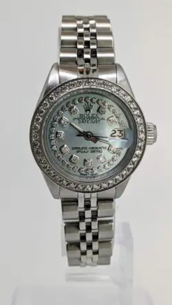 ROLEX LADIES  DATEJUST OYSTER STAINLESS STEEL DIAMOND DIAL BEZEL WATCH