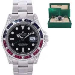 MINT DIAMOND RUBY & SAPPHIRE ROLEX GMT MASTER II 116710 STEEL 40MM BLACK WATCH