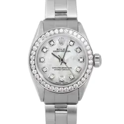 ROLEX LADIES OYSTER PERPETUAL MOTHER OF PEARL DIAMOND DIAL DIAMOND BEZEL WATCH