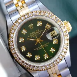 ROLEX LADIES DATEJUST TWO-TONE GREEN DIAMOND DIAL DIAMOND BEZEL 26MM REF# 69173