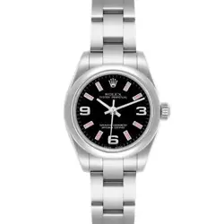 ROLEX OYSTER PERPETUAL BLACK DIAL PINK HOUR MARKERS LADIES WATCH 176200