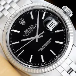 ROLEX MENS DATEJUST BLACK 18K WHITE GOLD STEEL WATCH W/ FOLDED JUBILEE BAND