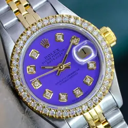 ROLEX LADIES DATEJUST 26MM 18KY GOLD STEEL PURPLE DIAL DIAMOND BEZEL WATCH 69173