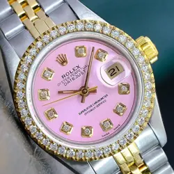 ROLEX LADIES DATEJUST 26MM GOLD STEEL PINK DIAL DIAMOND BEZEL WATCH 69173