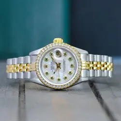 ROLEX LADIES DATEJUST WATCH 18KY GOLD STEEL WHITE MOP EMERALD DIAMOND 26MM 69173