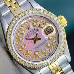 ROLEX WOMENS DATEJUST WATCH 18KY GOLD & STEEL PINK DIAL DIAMOND BEZEL 26MM 69173