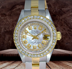 ROLEX LADIES DATEJUST WATCH TWO-TONE WHITE MOP DIAMOND DIAL BEZEL 26MM 69173