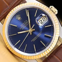 ROLEX MENS DATEJUST 16233 BLUE DIAL 18K GOLD STEEL WATCH W/ BROWN LEATHER BAND