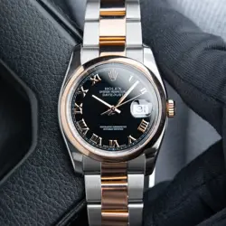 ROLEX DATEJUST 36MM TWO TONE BLACK ROMAN DIAL ROSE GOLD OYSTER BRACELET WATCH