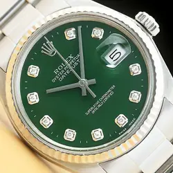MENS ROLEX DATEJUST 16014 GREEN DIAMOND DIAL 18K WHITE GOLD & STEEL WATCH