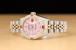 ROLEX LADIES DATEJUST 69173 PINK MOTHER OF PEARL 18K GOLD SS DIAMOND RUBY WATCH