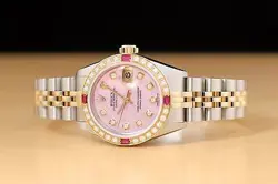 ROLEX LADIES DATEJUST 69173 PINK MOTHER OF PEARL 18K GOLD SS DIAMOND RUBY WATCH
