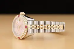 ROLEX LADIES DATEJUST 69173 PINK MOTHER OF PEARL 18K GOLD SS DIAMOND RUBY WATCH
