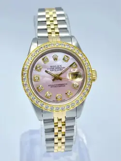 LADIES ROLEX DATEJUST 26MM 69173 PINK MOP DIAMOND DIAL CZ BEZEL JUBILEE BOX