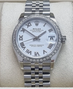 ROLEX DATEJUST 31 MM WHITE ROMAN NUMERALS CUSTOM DIAMOND BEZEL 2007 BOX&PAPERS