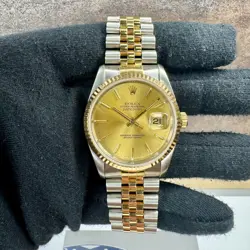 ROLEX MENS DATEJUST TWO-TONE CHAMPAGNE INDEX DIAL FLUTED JUBILEE BAND 36MM 16233