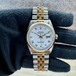 ROLEX MENS DATEJUST 36MM TWO-TONE WHITE ROMAN NUMERAL DIAL FLUTED JUBILEE 16233