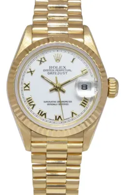 ROLEX DATEJUST PRESIDENT 18K YELLOW GOLD WHITE DIAL LADIES 26MM WATCH S 69178