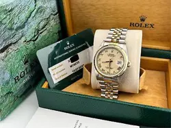 ROLEX DATEJUST 16233 CREAM ROMAN DIAL 18K GOLD STEEL BOX SERVICE PAPER