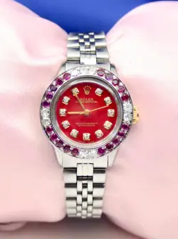 WOMEN ROLEX OYSTER PERPETUAL WATCH STAINLESS STEEL WITH DIAMONDS,RUBIES